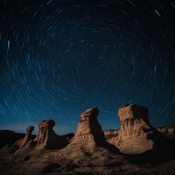 Star trails above unique wind-carved desert rock formations - Image 3