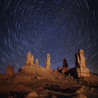 Star trails above unique wind-carved desert rock formations - Image 4