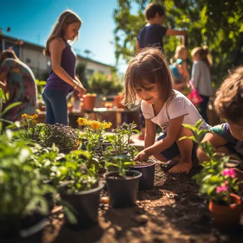 Children planting flowers in pots outdoors - Image 2