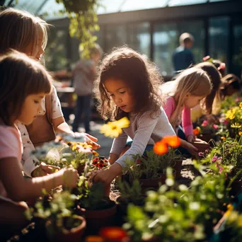 Children planting flowers in pots outdoors - Image 3