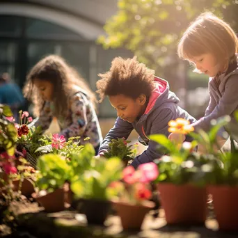 Children planting flowers in pots outdoors - Image 4