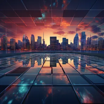 Futuristic skyline with projected digital grids at sunset, captured with a Canon EOS M50. - Image 1