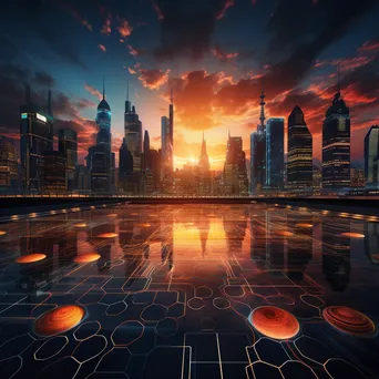 Futuristic skyline with projected digital grids at sunset, captured with a Canon EOS M50. - Image 3