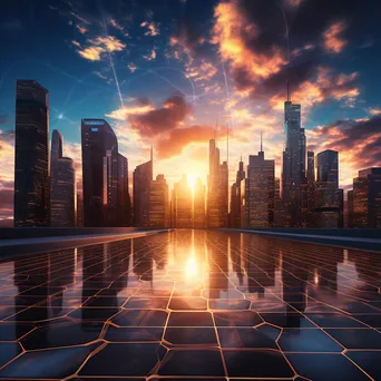 Futuristic skyline with projected digital grids at sunset, captured with a Canon EOS M50. - Image 4