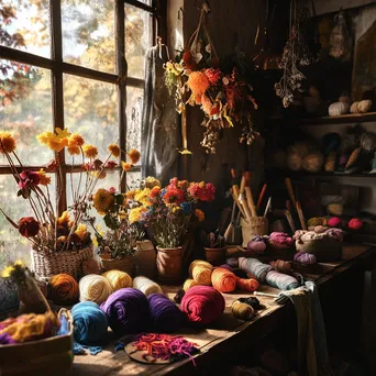 Cozy wool dyeing studio with vibrant colors and tools - Image 1