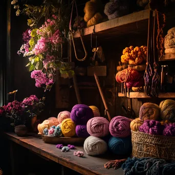 Cozy wool dyeing studio with vibrant colors and tools - Image 3