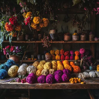 Cozy wool dyeing studio with vibrant colors and tools - Image 4