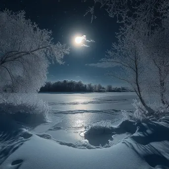 Artwork of a snowy landscape under moonlight, with long shadows and a sky reflection on a frozen lake - Image 2