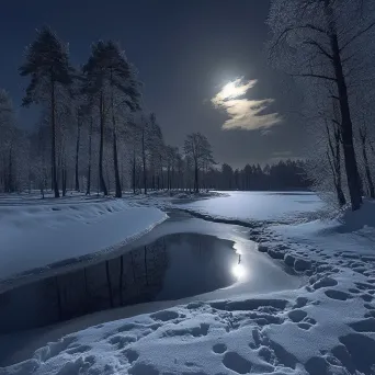 Artwork of a snowy landscape under moonlight, with long shadows and a sky reflection on a frozen lake - Image 3