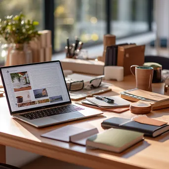 Neatly organized desk with modern office supplies and a laptop in soft morning light - Image 1