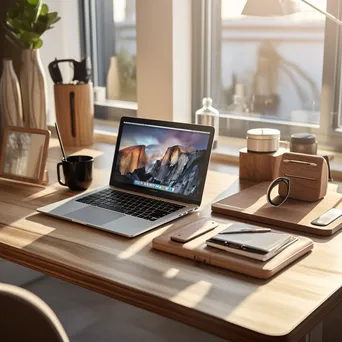 Neatly organized desk with modern office supplies and a laptop in soft morning light - Image 3