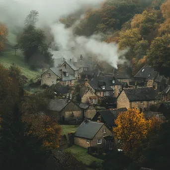 Misty valley village with fog and smoke from chimneys - Image 3