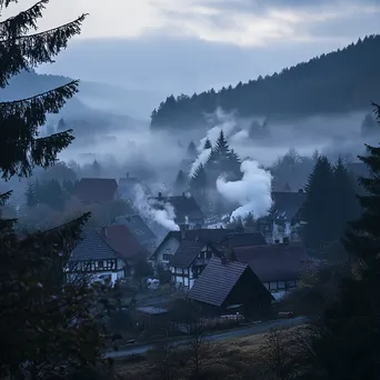 Misty valley village with fog and smoke from chimneys - Image 4