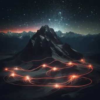 Light arcs forming constellations over a mountain landscape at night. - Image 1