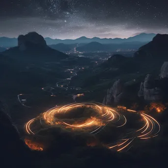 Light arcs forming constellations over a mountain landscape at night. - Image 3