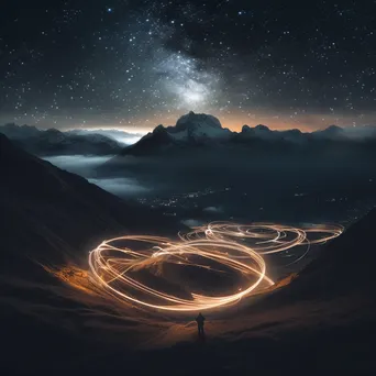 Light arcs forming constellations over a mountain landscape at night. - Image 4