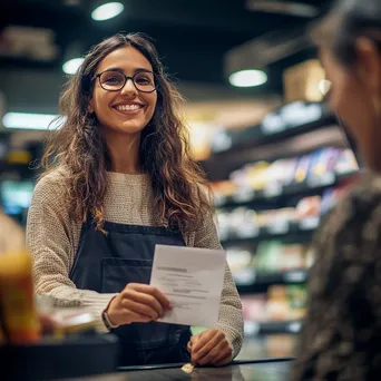 Cashier smiling while handing a receipt to a customer at the register. - Image 1