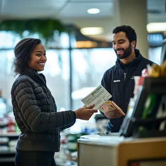 Cashier smiling while handing a receipt to a customer at the register. - Image 2