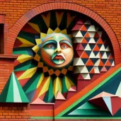 Vibrant geometric mural painted on a brick wall - Image 1