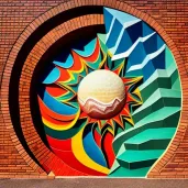 Vibrant geometric mural painted on a brick wall - Image 2