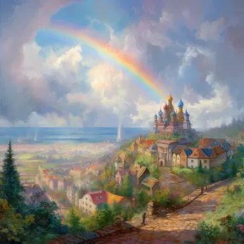 Chaotic cityscape transitioning into peaceful countryside with rainbow - Image 2