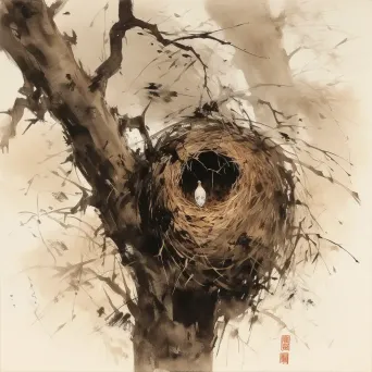 Artistic depiction of empty nest in tree as winter approaches, symbolizing life cycle - Image 2