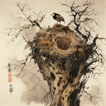 Artistic depiction of empty nest in tree as winter approaches, symbolizing life cycle - Image 3