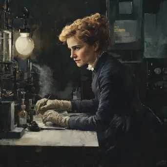 Chiaroscuro painting of Marie Curie engrossed in research at her lab desk - Image 1