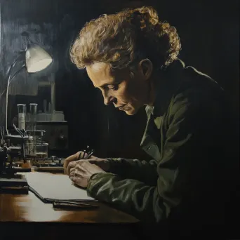 Chiaroscuro painting of Marie Curie engrossed in research at her lab desk - Image 2