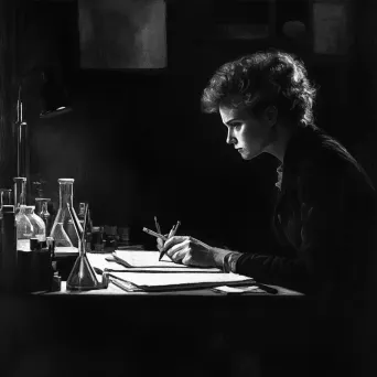 Chiaroscuro painting of Marie Curie engrossed in research at her lab desk - Image 3