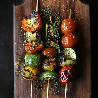 Grilled vegetable skewers arranged on a rustic wooden board - Image 3