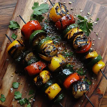 Grilled vegetable skewers arranged on a rustic wooden board - Image 4