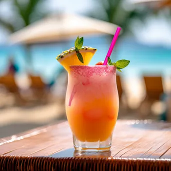 Close-up of a tropical drink on a seaside table with blurred beach scenery in the background. - Image 2