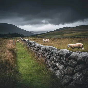 Dry stone wall in highlands with sheep grazing under a dramatic sky. - Image 2