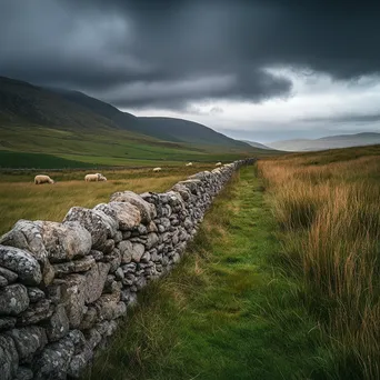 Dry stone wall in highlands with sheep grazing under a dramatic sky. - Image 3