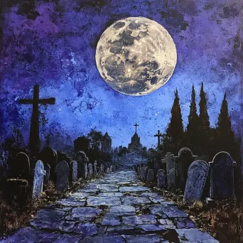 Acrylic splattering painting of an eerie lunar eclipse over a deserted graveyard with deep blues and purples - Image 4