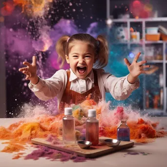 Excited girl watching a baking soda and vinegar volcano eruption. - Image 4