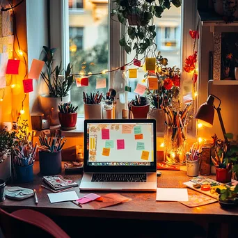 Colorful desk with laptop and art supplies in warm light - Image 1