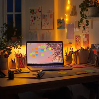 Colorful desk with laptop and art supplies in warm light - Image 2