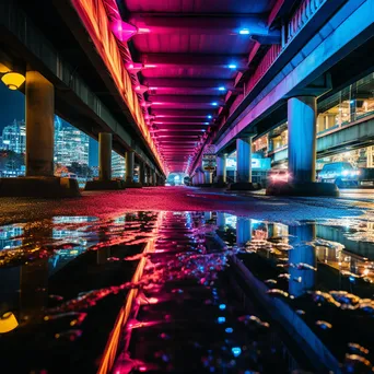 Neon-lit bridge with reflections on water - Image 1