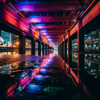 Neon-lit bridge with reflections on water - Image 2