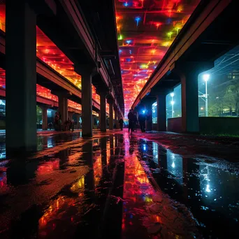 Neon-lit bridge with reflections on water - Image 4