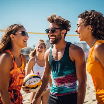 Diverse group of friends playing beach volleyball under the bright summer sun. - Image 1