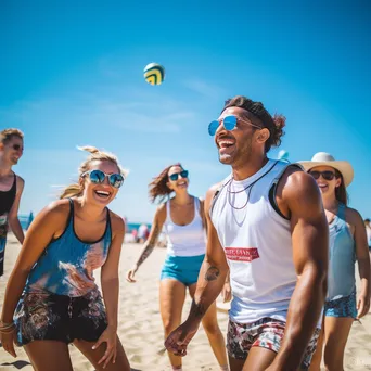 Diverse group of friends playing beach volleyball under the bright summer sun. - Image 3