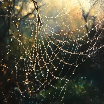 Dew-laden spider web in the Impressionist style highlighting detailed patterns - Image 1