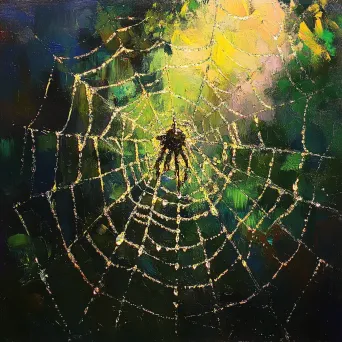 Dew-laden spider web in the Impressionist style highlighting detailed patterns - Image 3