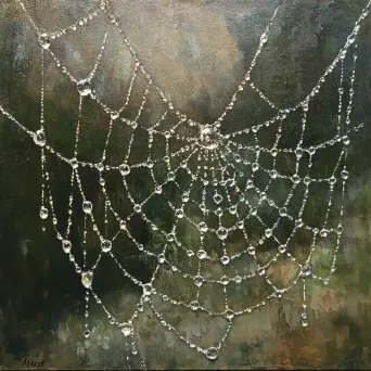 Dew-laden spider web in the Impressionist style highlighting detailed patterns - Image 4