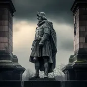 Dutiful soldier standing guard at war memorial under overcast sky - Image 1