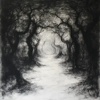 Charcoal-on-paper portrayal of a haunting path winding through an eerie orchard under ominous shadows - Image 2