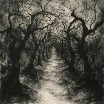 Charcoal-on-paper portrayal of a haunting path winding through an eerie orchard under ominous shadows - Image 3